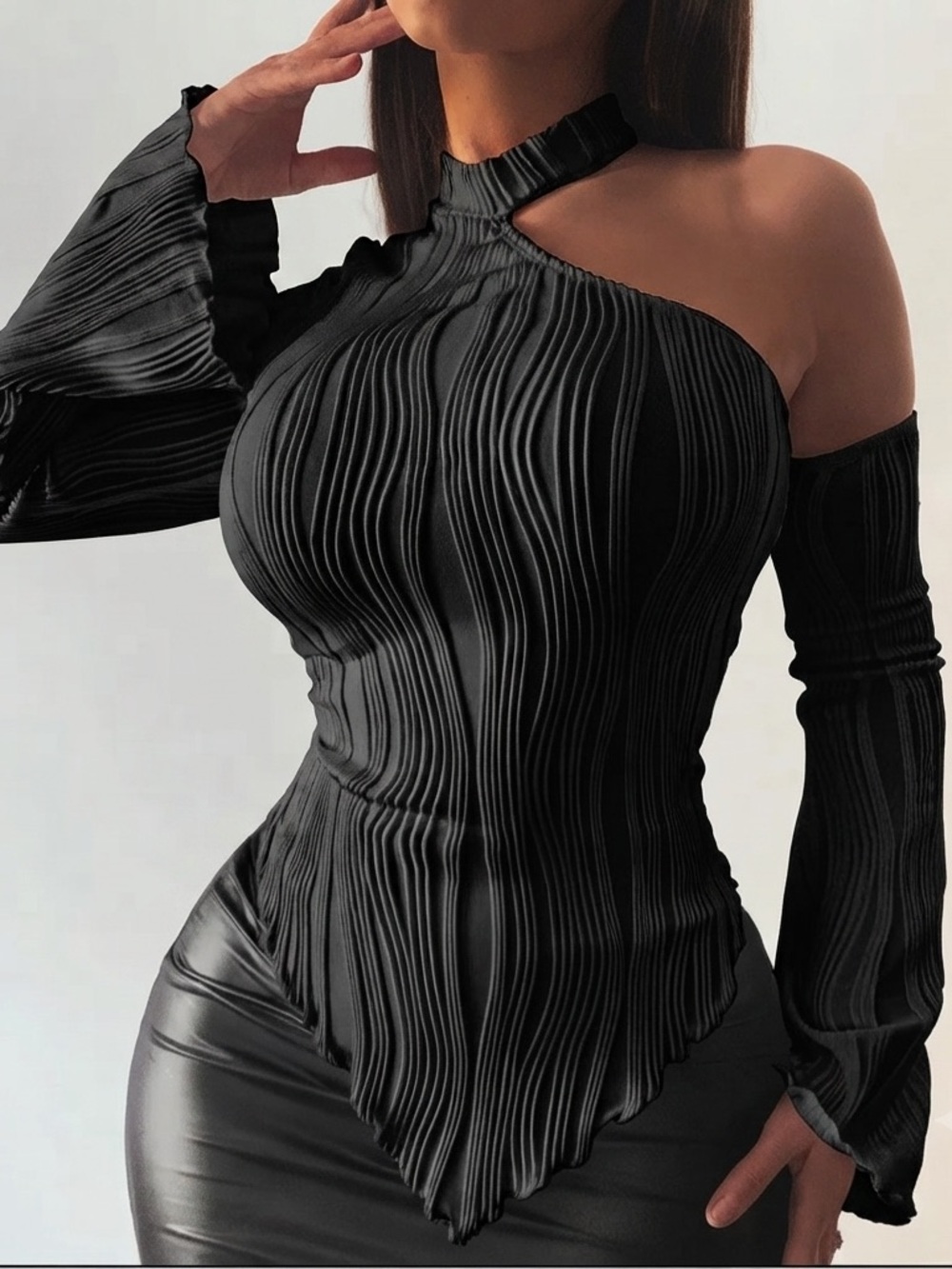 Women's Black One-Shoulder Pleated Top